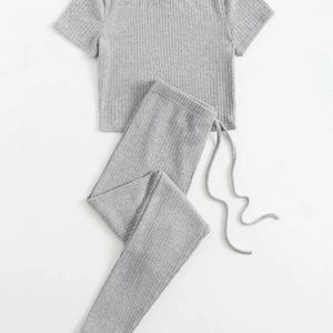 Rib-knit Tee & Tie Waist Leggings Set